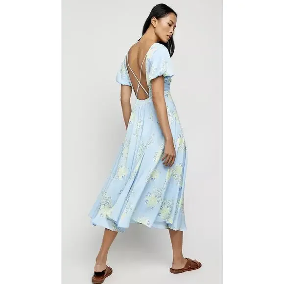 NWT Free People Laura Printed Midi Dress in Sky Combo - Picture 2 of 7